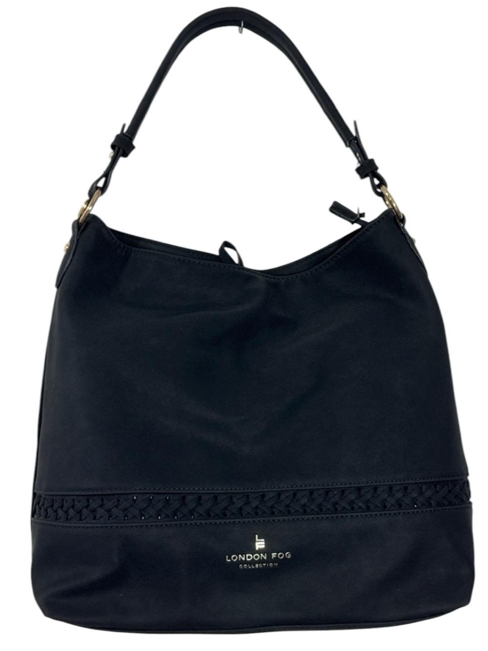 London Fog Elena Black Shoulder Faux Suede Hobo with Braided Trim - Large